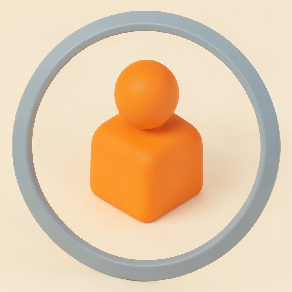 Isometric 3D render of a stylized user avatar with a warm cream background and soft slate-blue circular frame