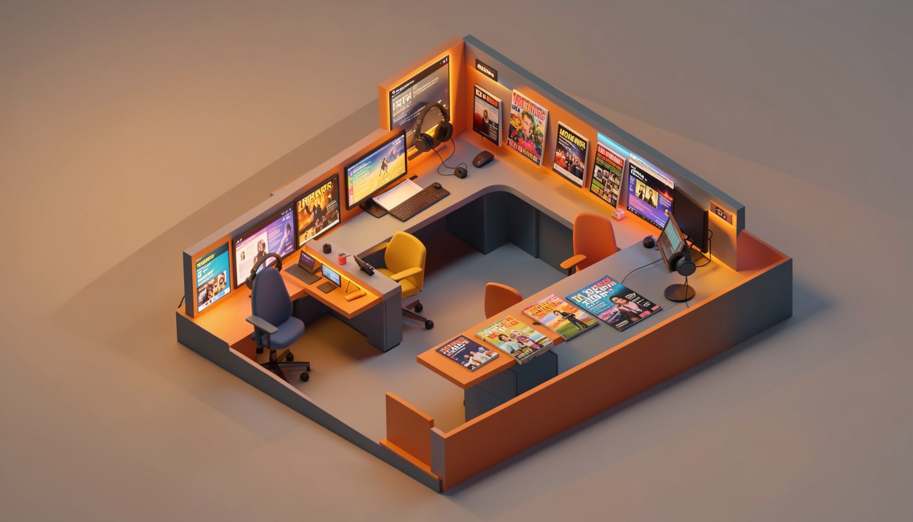 Isometric 3D render of a vibrant entertainment newsroom with glowing screens, headphones, and colorful magazine covers in warm amber and slate-blue tones