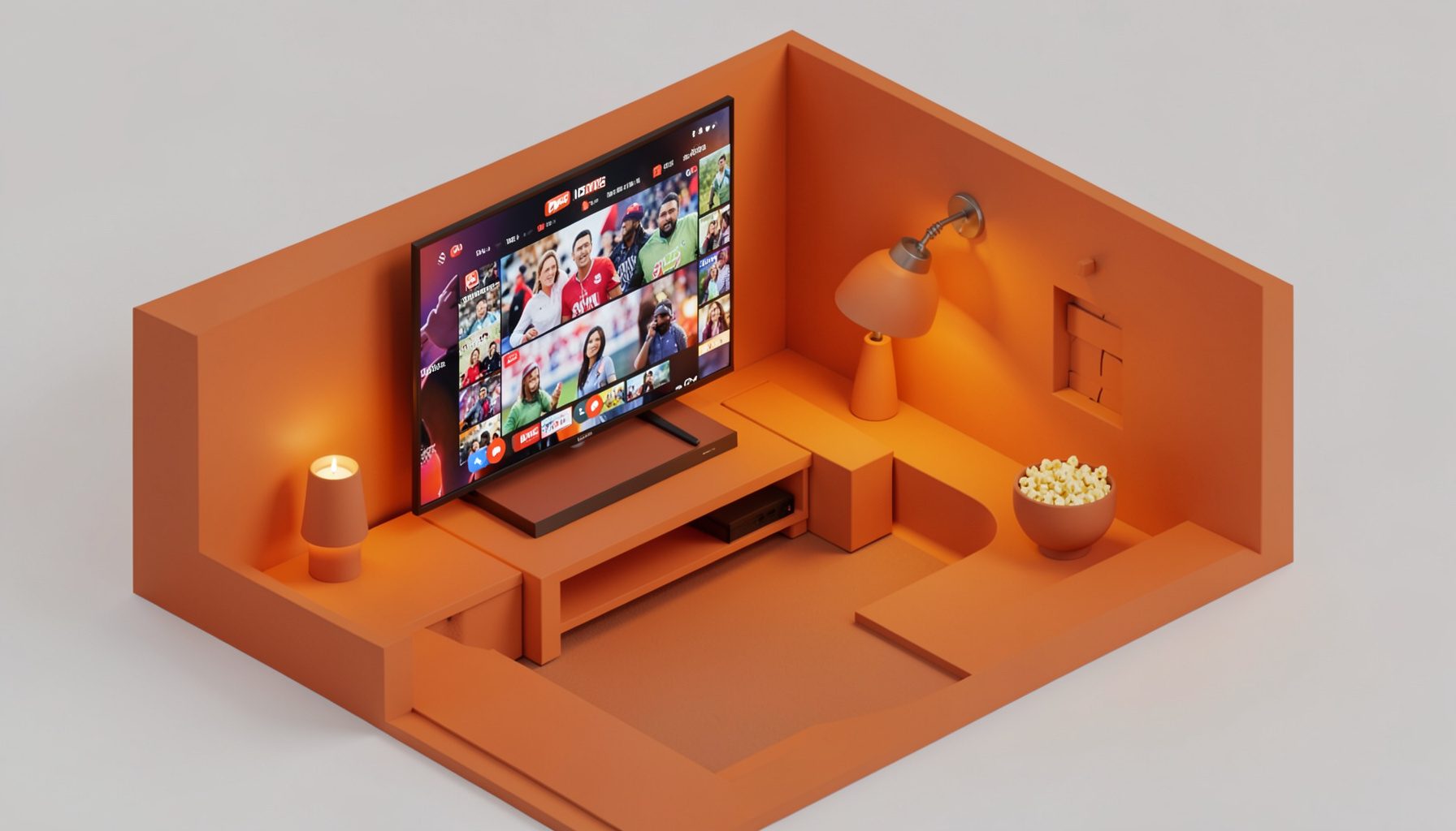 Isometric 3D render of a cozy home entertainment setup with a large TV screen showing reality show clips, popcorn bowl, and warm terracotta accent lighting