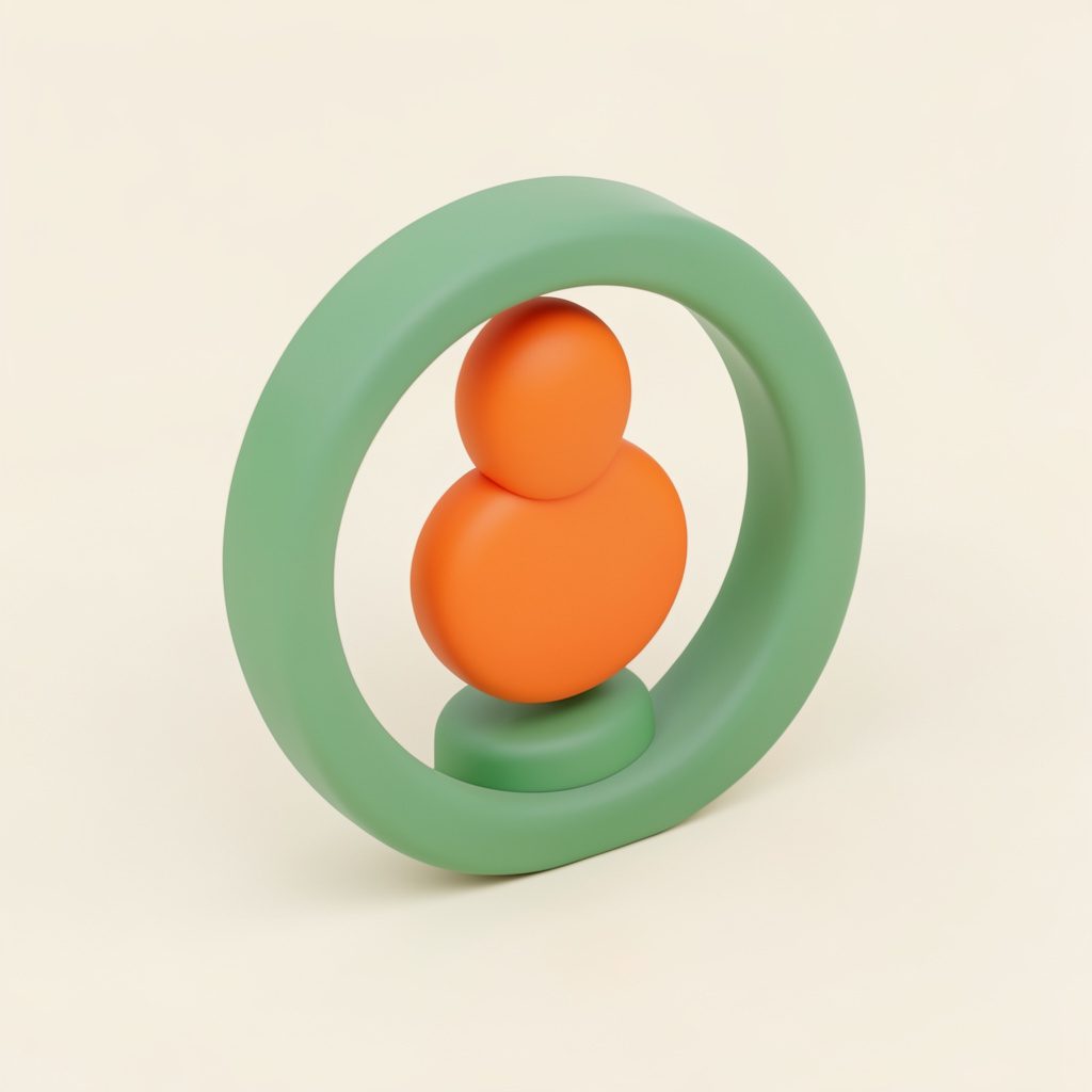 Isometric 3D render of a stylized user avatar with a sage green circular frame and soft cream background